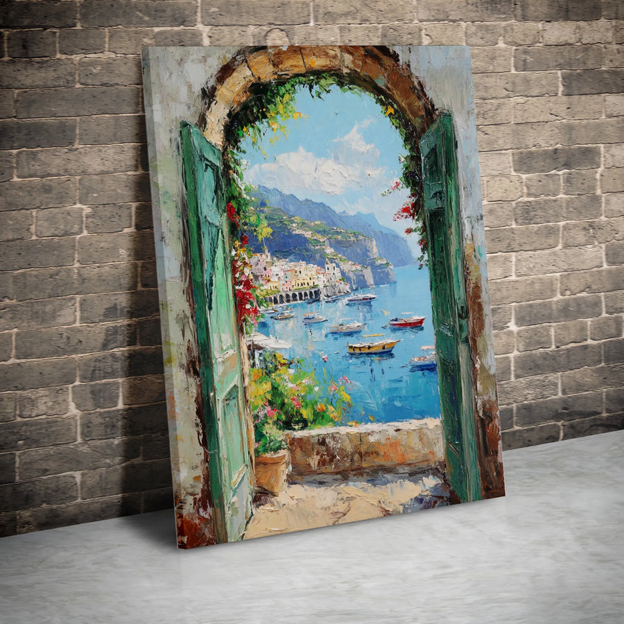 Italian Coastal Village Canvas Print | Impressionist Seascape Through Archway | Premium Canvas Art | European Travel Wall Decor Gift