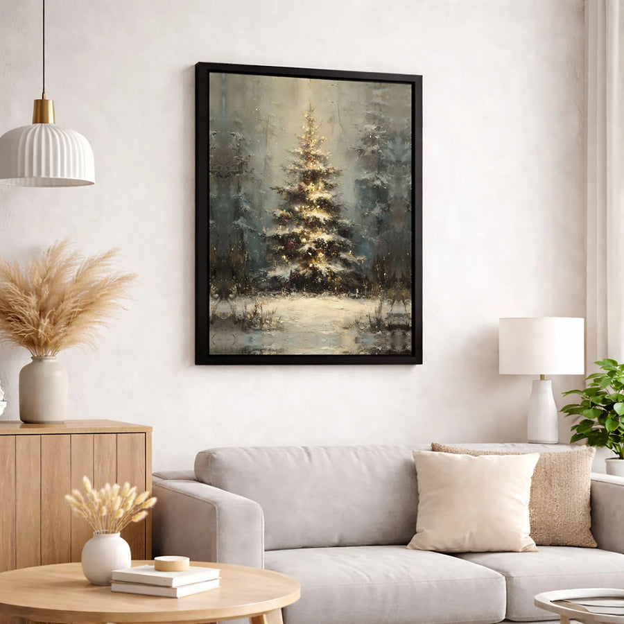 Glowing Christmas Tree Wall Art | Snowy Winter Forest Landscape | Premium Fade-Resistant Canvas | Holiday Home Decor Gift