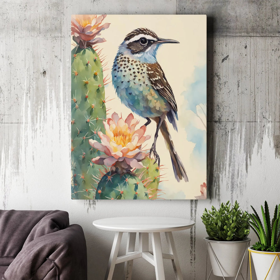 Cactus Wren Wall Art | Watercolor Bird on Blooming Saguaro Print | Premium 1.25" Gallery Canvas | Southwest Desert Home Decor Gift