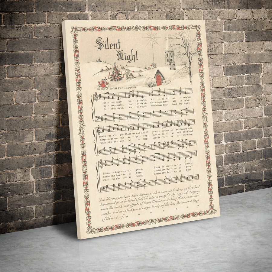 Silent Night Christmas Carol Canvas Art | Vintage Sheet Music Wall Decor | Premium Gallery Wrap Print | Religious Holiday Gift for Music Lovers