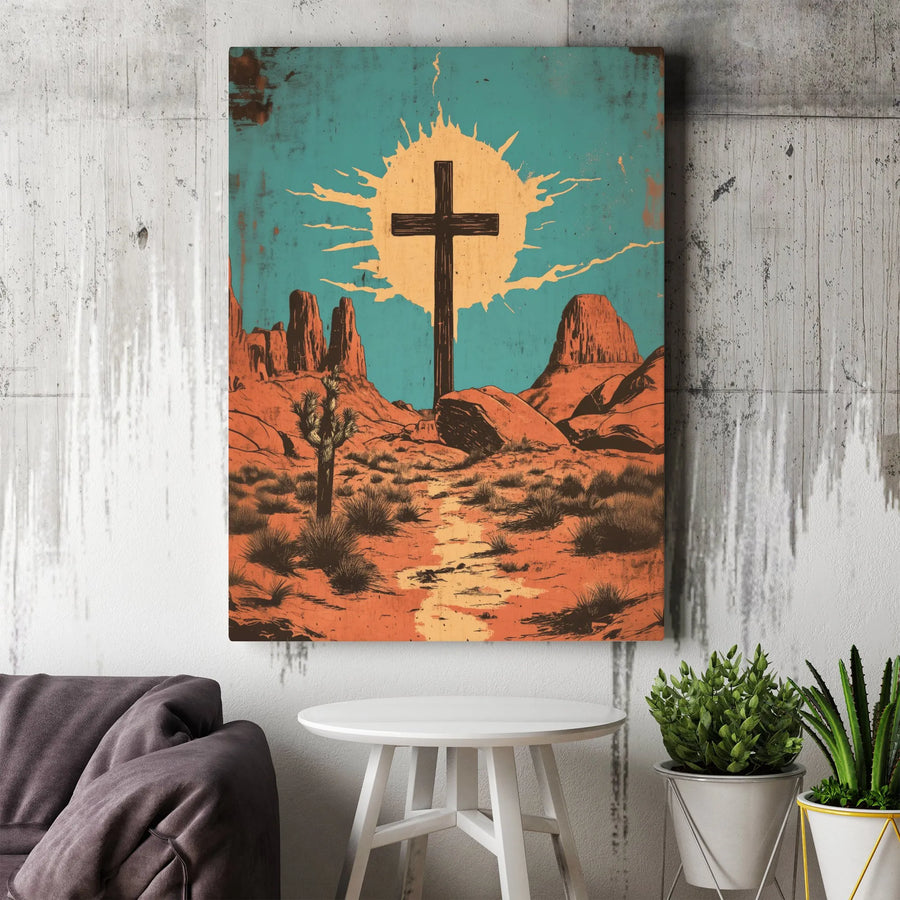 Christian Cross Canvas Wall Art | Vintage Southwest Desert Print | Premium Frameless Canvas | Spiritual Home Decor Gift