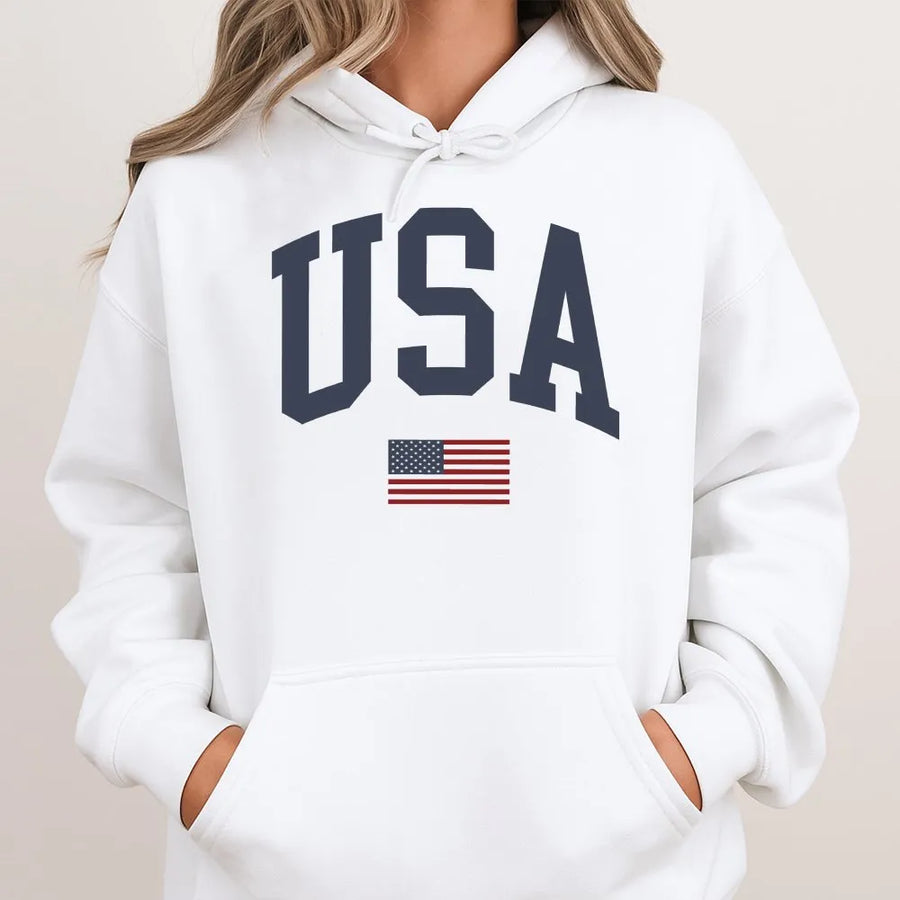 USA Hoodie | Vintage Athletic Collegiate Font & American Flag | Premium Cotton-Blend | Patriotic Gift for Men and Women