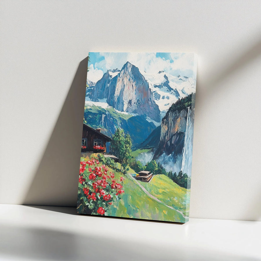 Swiss Alps Mountain Landscape Vertical Canvas | Rustic Chalet & Wildflowers Impressionist Painting Art | Premium 1.25" Thick Gallery Wrap Print | Nature Lover Cozy Home Wall Decor