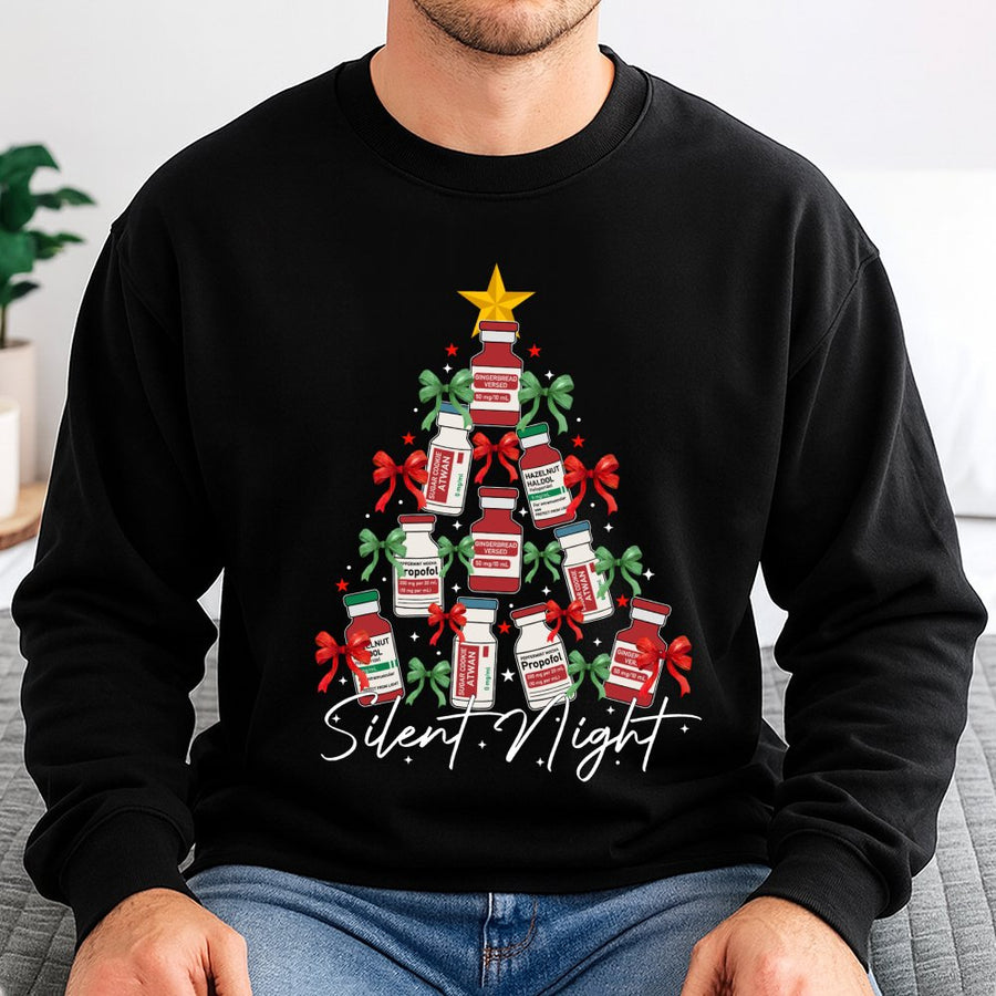 Silent Night Medical Christmas Sweatshirt | ICU Nurse Drug Vial Tree Graphic | Premium Cotton Blend | Funny Holiday Gift for Healthcare Workers