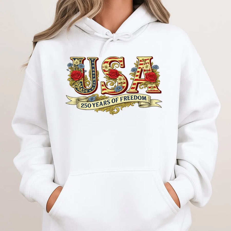 USA 250 Years Of Freedom Hoodie | Floral American Flag Graphic | Premium Cotton Blend | Patriotic Independence Day Gift For Adults