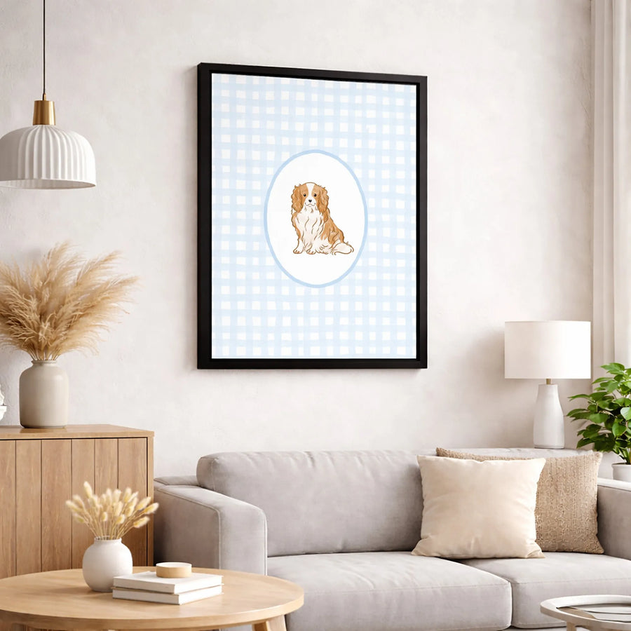 Cavalier King Charles Spaniel Wall Art | Blue Gingham Dog Portrait | Premium Gallery-Wrapped Canvas | Nursery Decor or Dog Lover Gift