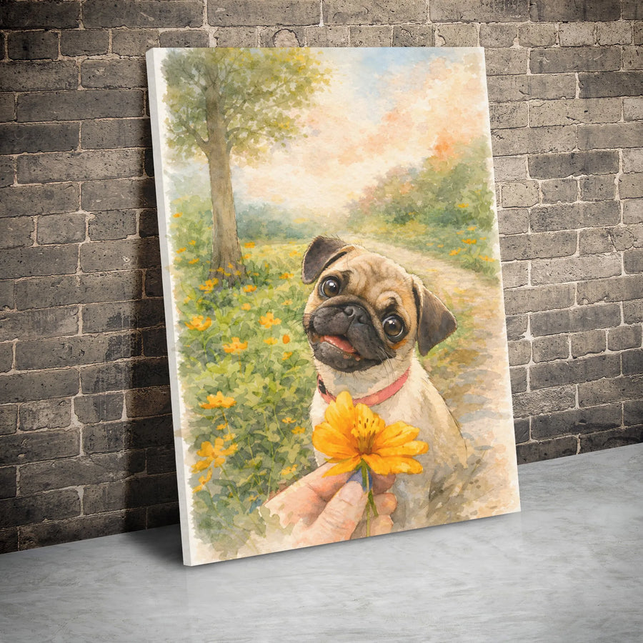 Pug Dog Canvas Wall Art | Watercolor Puppy With Yellow Flower | Premium 1.25-Inch Gallery Wrap | Cute Pet Lover Home Decor Gift
