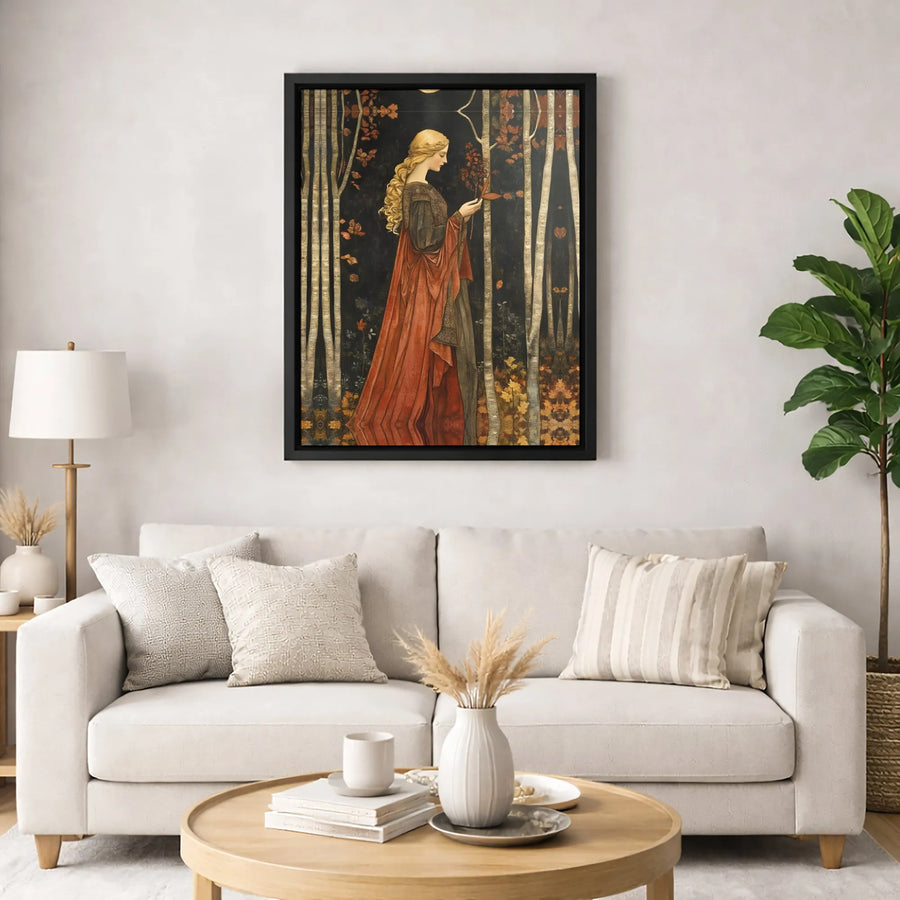 Art Nouveau Woman Wall Art | Autumn Forest Maiden Portrait | Premium Gallery-Wrapped Canvas | Elegant Home Decor Gift for Her