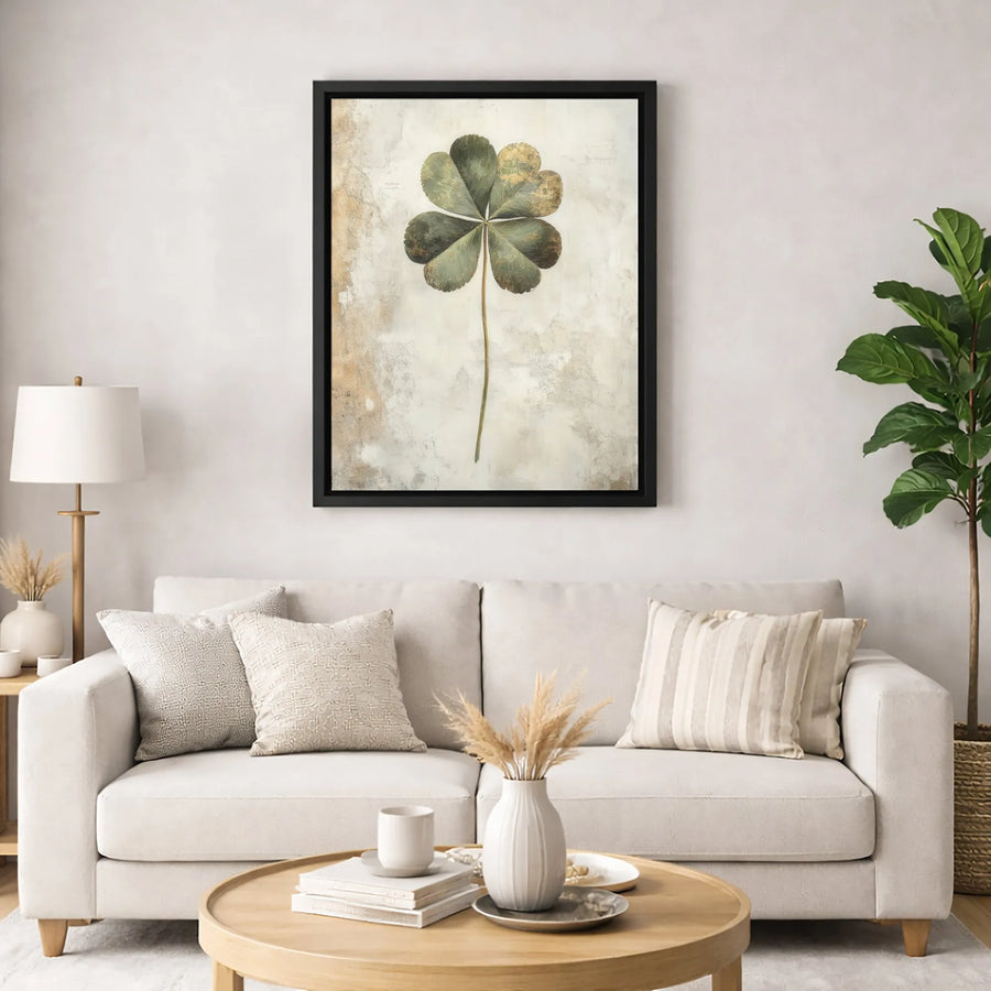 Four Leaf Clover Canvas Wall Art | Vintage Distressed Botanical Print | Premium Fade-Resistant Gallery Wrap | Lucky Home Decor Gift