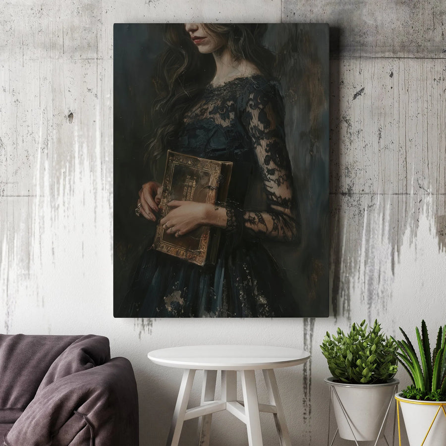 Gothic Woman Canvas Wall Art | Dark Academia Lace Dress Portrait | Premium Gallery Wrap Canvas | Moody Witchy Home Decor Gift