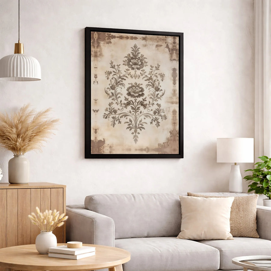 Vintage Damask Wall Art | Distressed Sepia Floral Canvas Print | 1.25" Premium Gallery Wrapped | Elegant Home Decor for Living Room