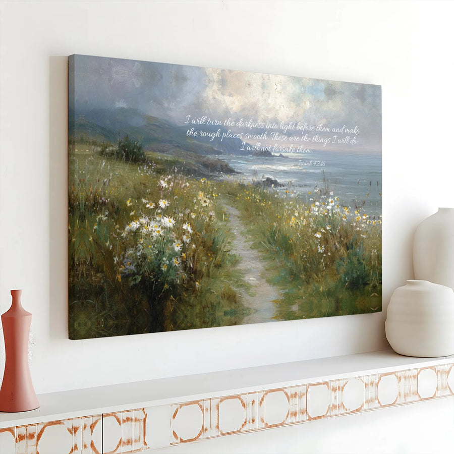 Isaiah 42:16 Scripture Canvas Wall Art | Coastal Path Wildflower Painting | Premium Gallery Wrapped Print | Inspirational Christian Home Decor Gift