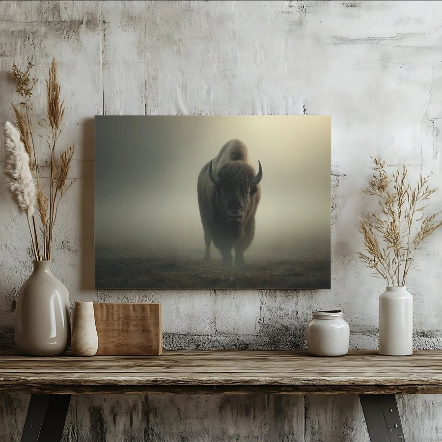 Bison Canvas Wall Art | Moody Wildlife Photography Print in Fog | Premium Fade-Resistant Canvas | Rustic Cabin & Farmhouse Decor Gift for Men