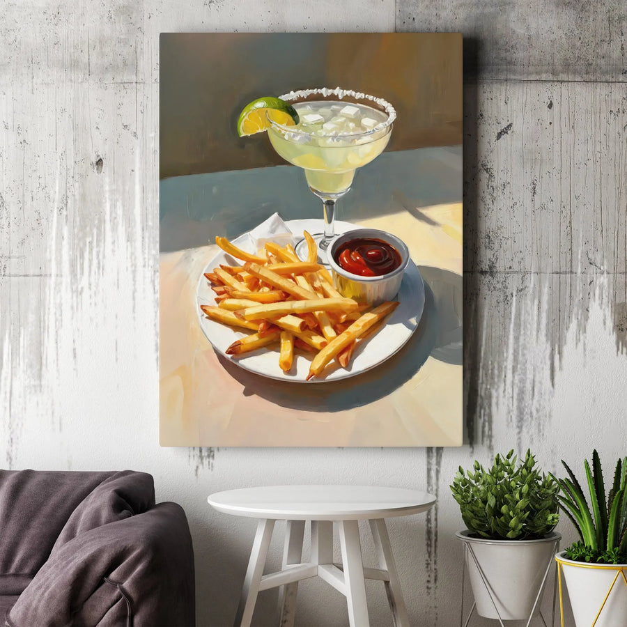 Margarita and Fries Canvas Wall Art | Vibrant Cocktail & Appetizer Painting | Premium Frameless Canvas | Kitchen & Bar Decor Gift
