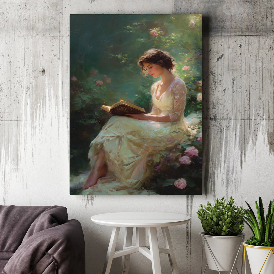 Woman Reading In Rose Garden Canvas | Romantic Impressionist Art Print | 1.25 Inch Gallery Wrap | Elegant Home Decor Gift For Her