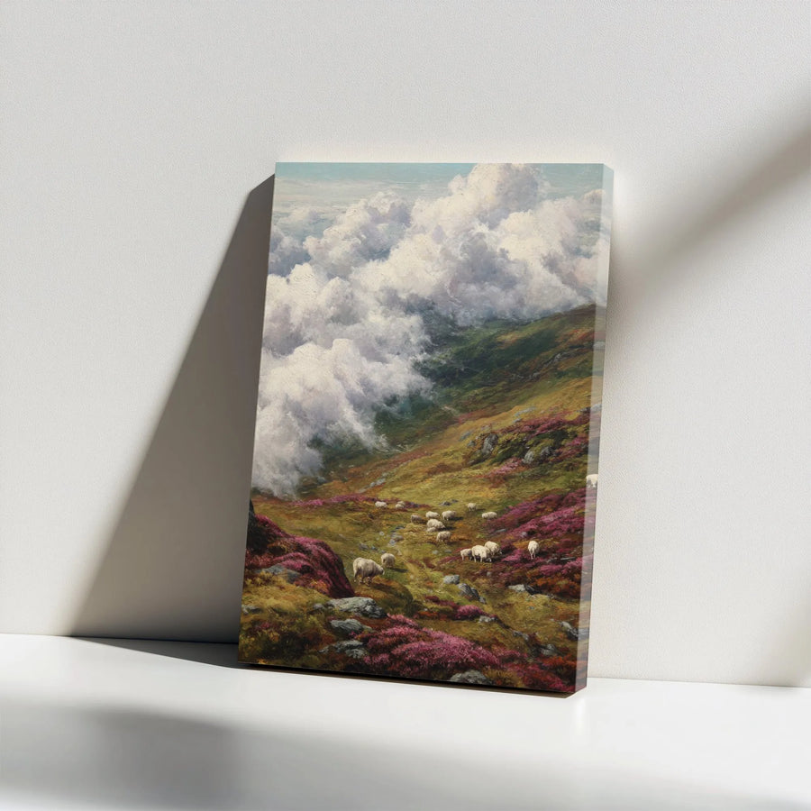 Vintage Sheep Painting Canvas Wall Art | Scottish Highlands Landscape with Heather | Premium Gallery Wrapped Canvas | Rustic Farmhouse Living Room Decor