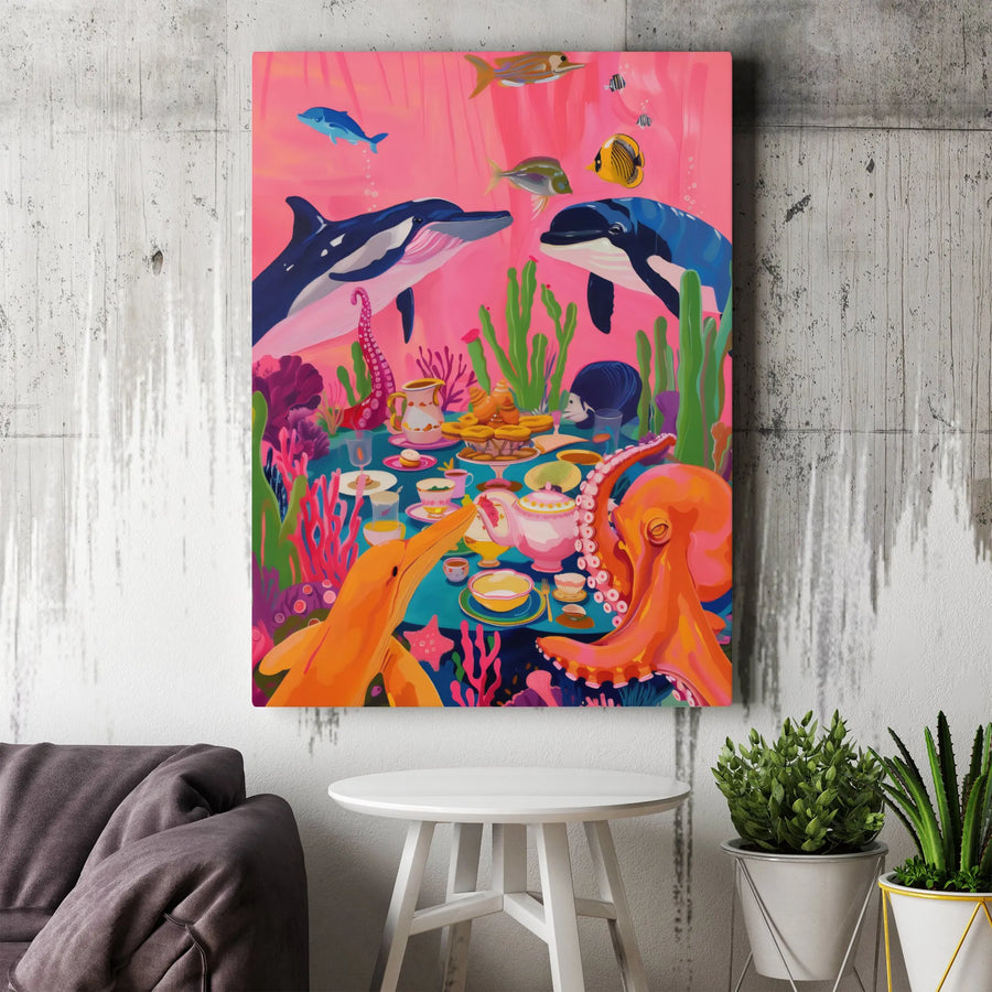 Whimsical Ocean Tea Party Canvas Art | Surreal Dolphin and Octopus Illustration | Premium 1.25-inch Gallery Wrap | Colorful Home Wall Decor Gift
