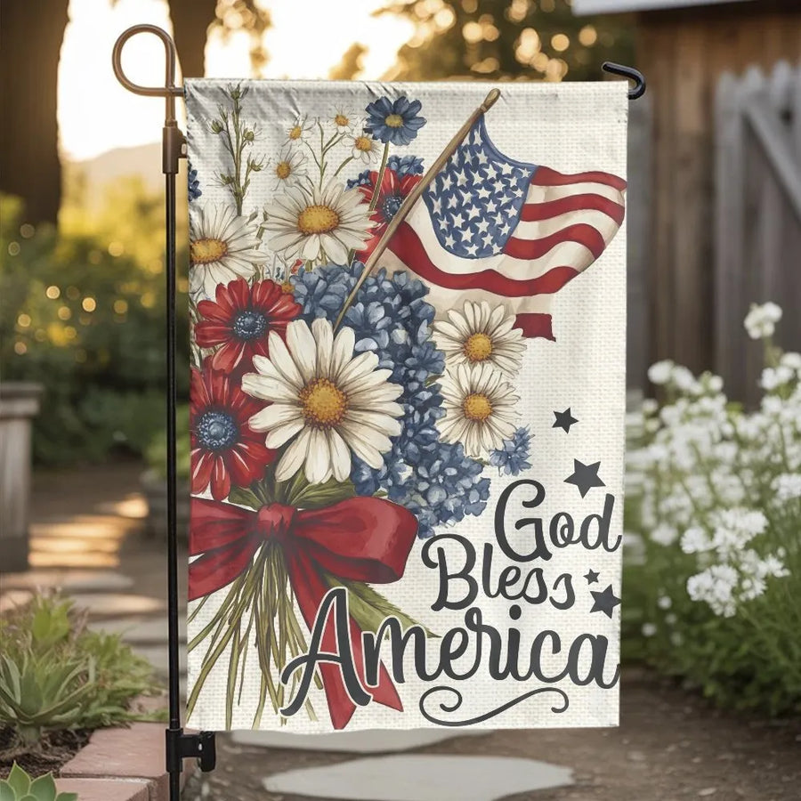 God Bless America Garden Flag | Watercolor Floral American Flag Design | Double Sided Weather-Resistant Fabric | 4th of July Yard Decor Gift