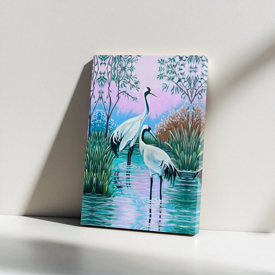 Japanese Crane Wall Art Canvas Print | Serene Red-Crowned Crane Painting | Premium Gallery Wrapped Canvas | Zen Inspired Home Decor Gift