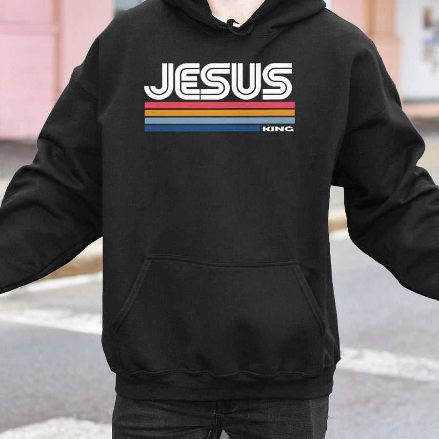 Jesus King Hoodie | Retro 70s Striped Christian Graphic | Premium Cotton-Poly Blend | Faith-Based Religious Gift for Men and Women