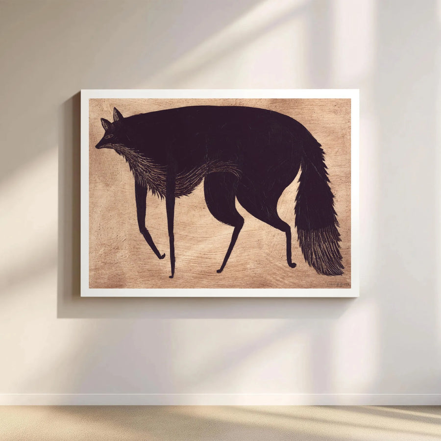 Black Fox Canvas Wall Art | Woodcut Style Woodland Animal Illustration | Premium Gallery Wrapped Print | Modern Minimalist Home Decor Gift