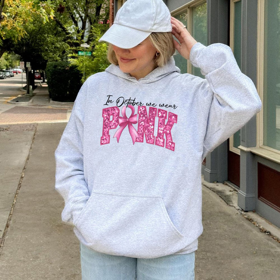 In October We Wear Pink Hoodie | Breast Cancer Awareness Sparkle Ribbon Graphic | Soft Cotton-Blend Pullover | Meaningful Gift For Supporters