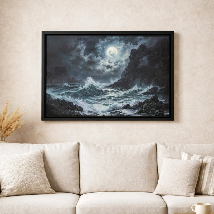 Stormy Ocean Canvas Wall Art | Moody Seascape with Crashing Waves and Full Moon | Premium Gallery-Wrapped Print | Gift for Nature Lovers