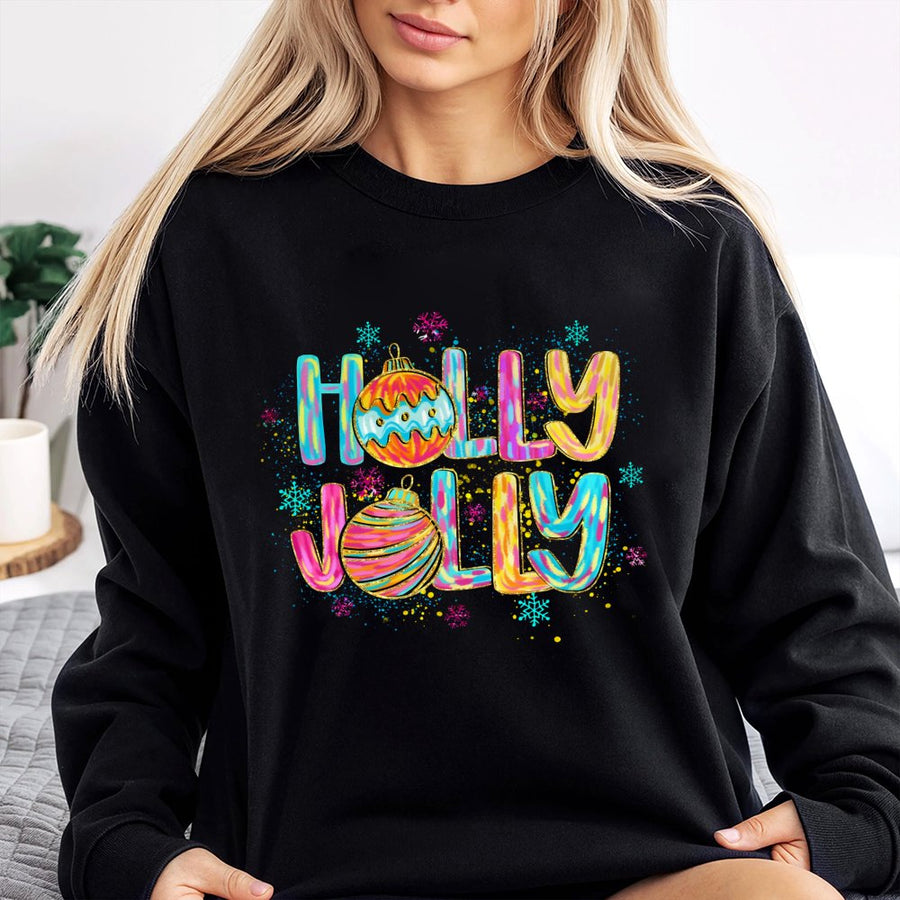 Holly Jolly Christmas Sweatshirt | Colorful Retro Ornament Graphic | Premium Cotton Blend Crewneck | Festive Holiday Gift for Women & Men