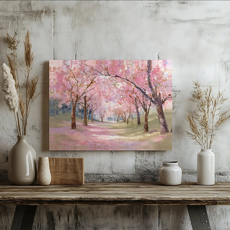 Cherry Blossom Canvas Wall Art | Watercolor Japanese Garden Scene | Premium Gallery Wrapped Canvas | Serene Living Room Decor Gift