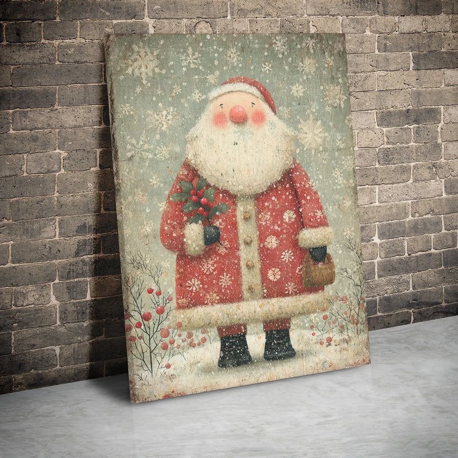 Vintage Santa Claus Wall Art | Whimsical Holiday Holly Canvas Print | Premium Gallery Wrap Decor | Ready to Hang Christmas Gift for Home