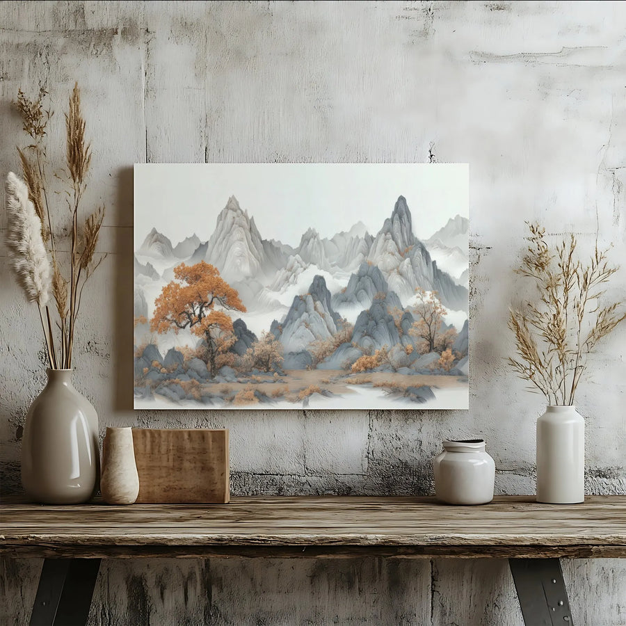 Japanese Mountain Canvas Wall Art | Textured Oriental Landscape with Golden Trees | Premium 1.25" Gallery Wrapped Canvas | Minimalist Home Decor Gift