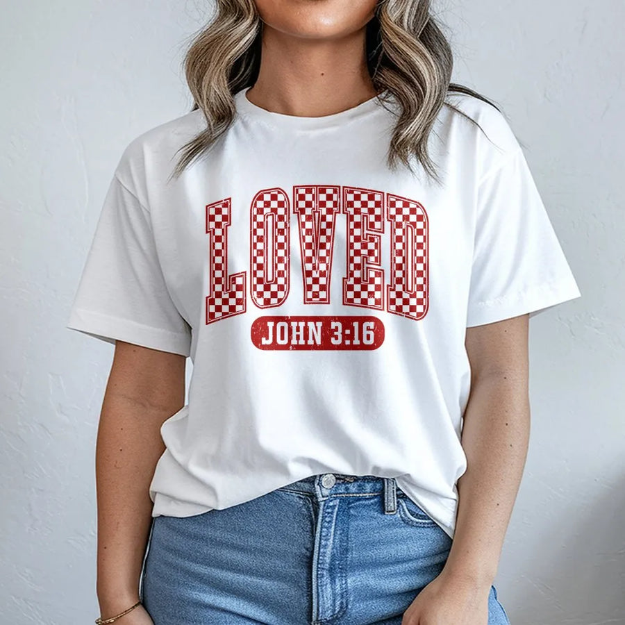 Loved John 3:16 T-Shirt | Retro Checkered Graphic Print | Premium Soft Cotton Tee | Christian Valentine's Day Faith Gift for Men and Women