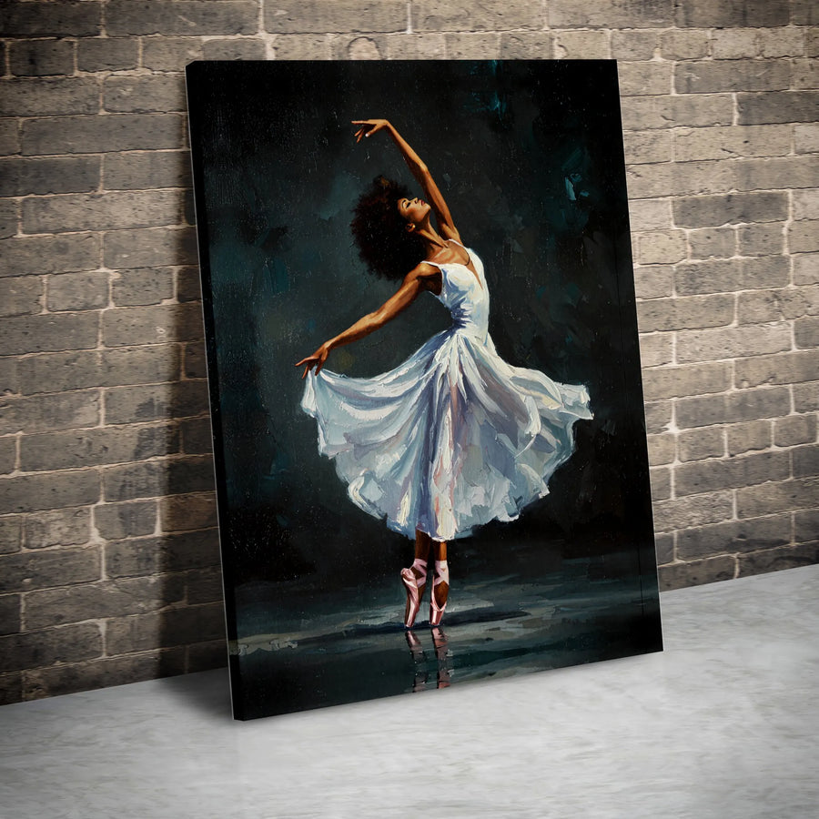 Black Ballerina Wall Art | Modern Afro Dancer Oil Painting | Premium Gallery Wrapped Canvas | Elegant Home Decor Gift for Dance Lovers