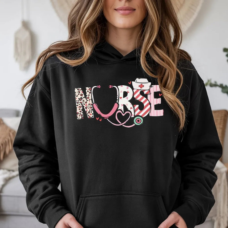 Nurse Valentine Hoodie | Leopard Print Stethoscope Design | Premium Cotton Blend | Cute Gift for Nurses and Nursing Students