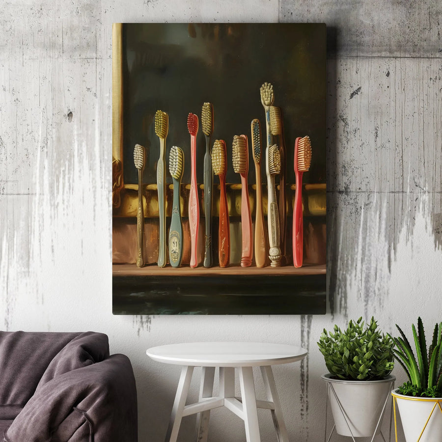Vintage Toothbrush Still Life Canvas Print | Classic Bathroom Decor Art | Premium Gallery Wrapped Wall Decor | Unique Gift for Dentist or Hygienist