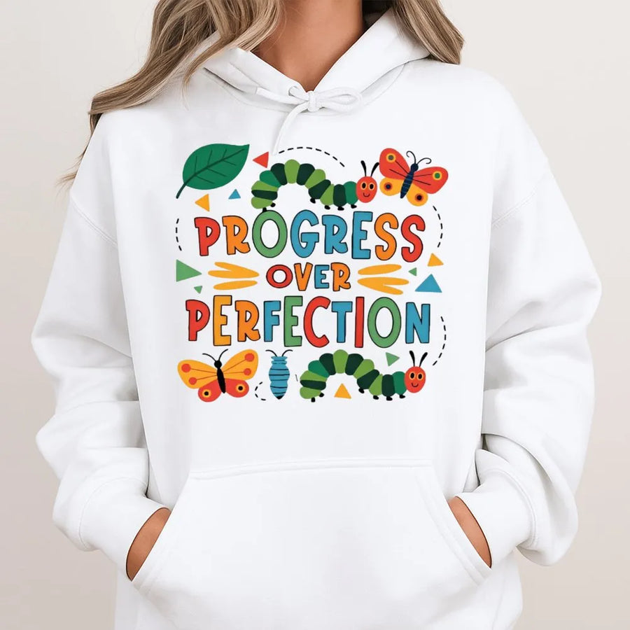 Progress Over Perfection Hoodie | Educational Growth Quote | Premium Cotton Blend | Mental Health Awareness Gift for Teachers & Educators