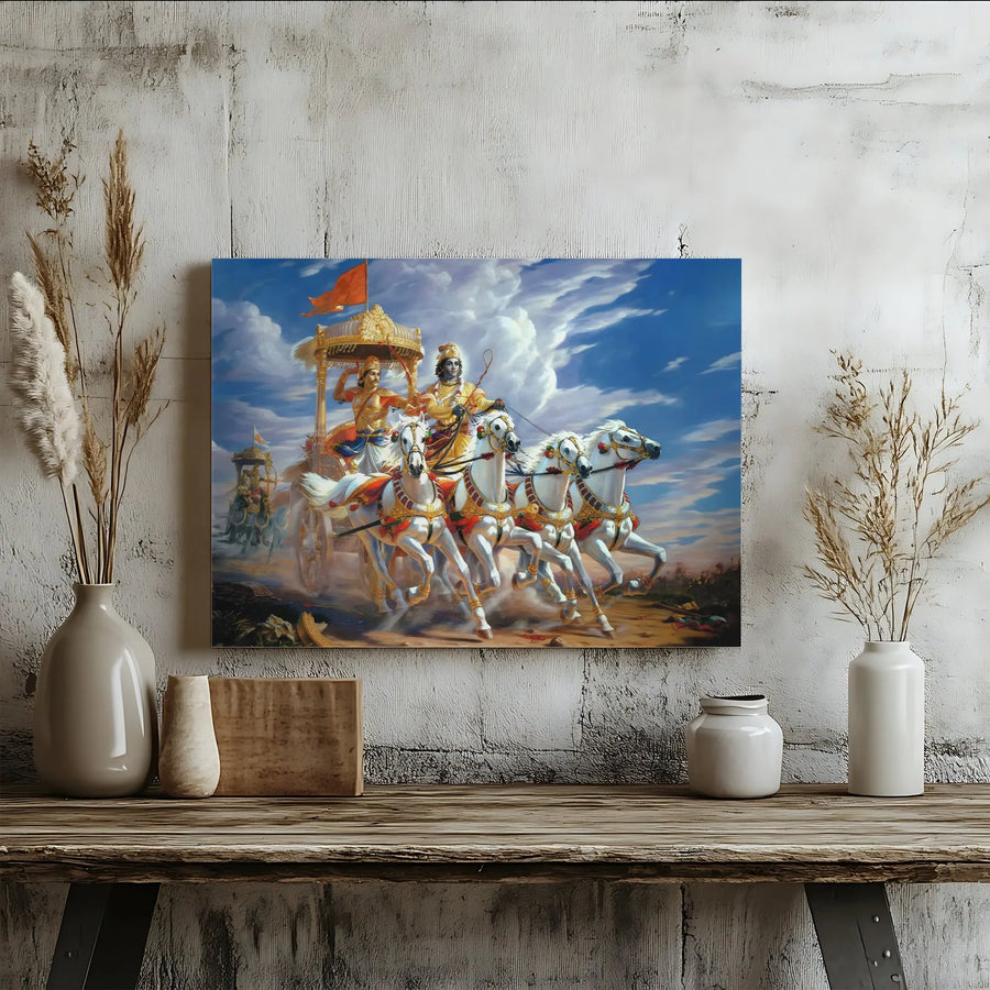 Krishna Arjuna Chariot Canvas Print | Mahabharata Battlefield Wall Art | 1.25 Inch Gallery Wrap | Hindu Spiritual Gift for Home Office