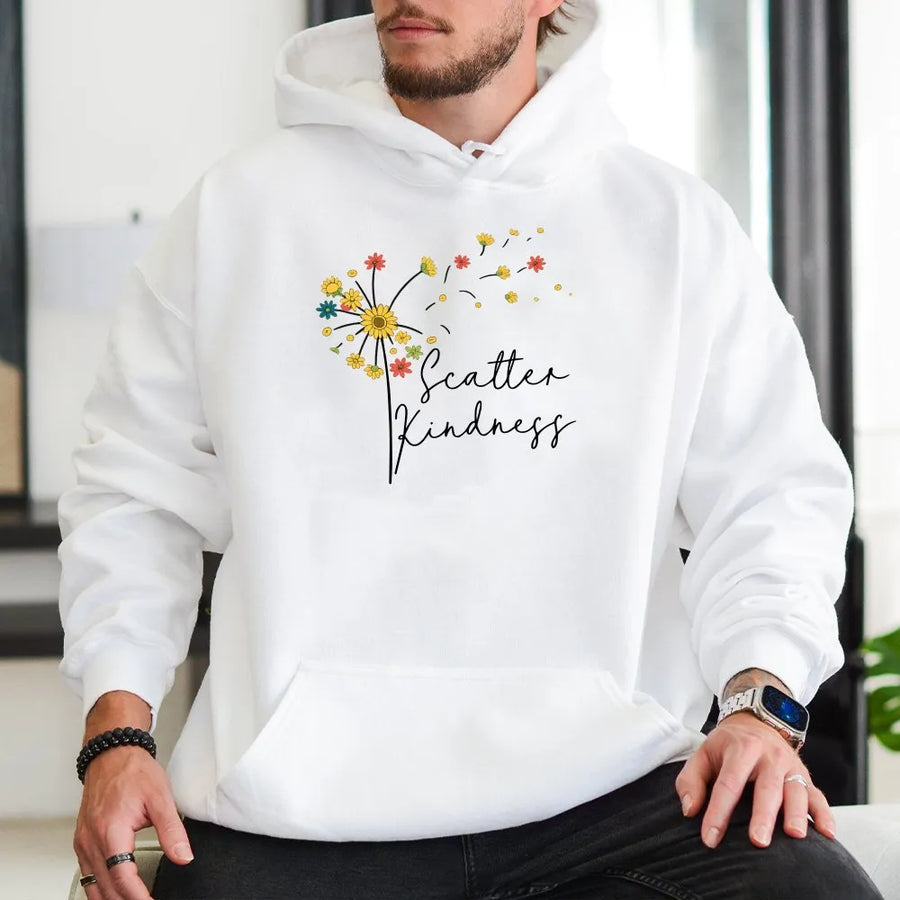 Scatter Kindness Hoodie | Inspirational Dandelion Floral Graphic | Soft Cotton-Poly Blend | Premium Gift for Her & Him