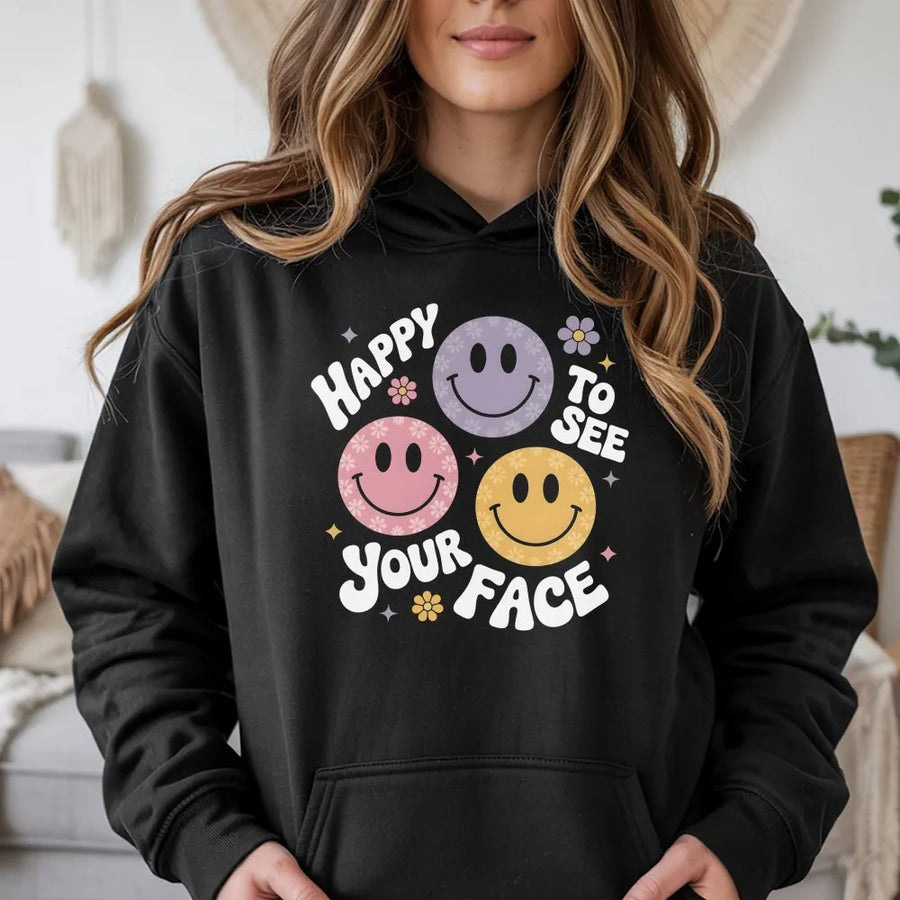 Happy Face Teacher Hoodie | Retro Smiley Face Graphic Tee | Soft 100% Cotton | Back to School Gift for Teachers