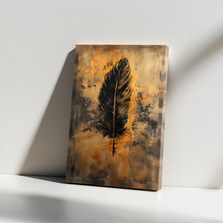 Abstract Black Feather Canvas Print | Gold and Black Textured Wall Art | Premium Gallery Wrapped Canvas | Modern Living Room & Office Decor Gift