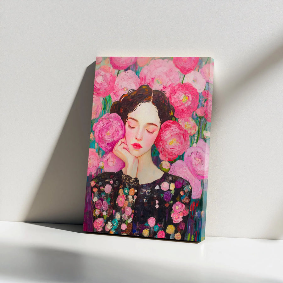 Floral Woman Portrait Canvas | Impressionist Pink Peony Art | 1.25-Inch Gallery Wrap Print | Elegant Feminine Home Decor Wall Art