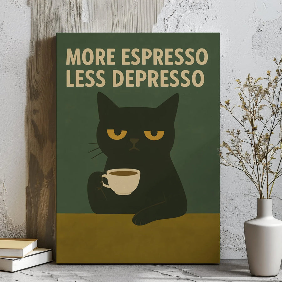 More Espresso Less Depresso Canvas Wall Art | Grumpy Black Cat Coffee Poster | Premium Gallery Wrap Decor | Funny Kitchen Office Gift
