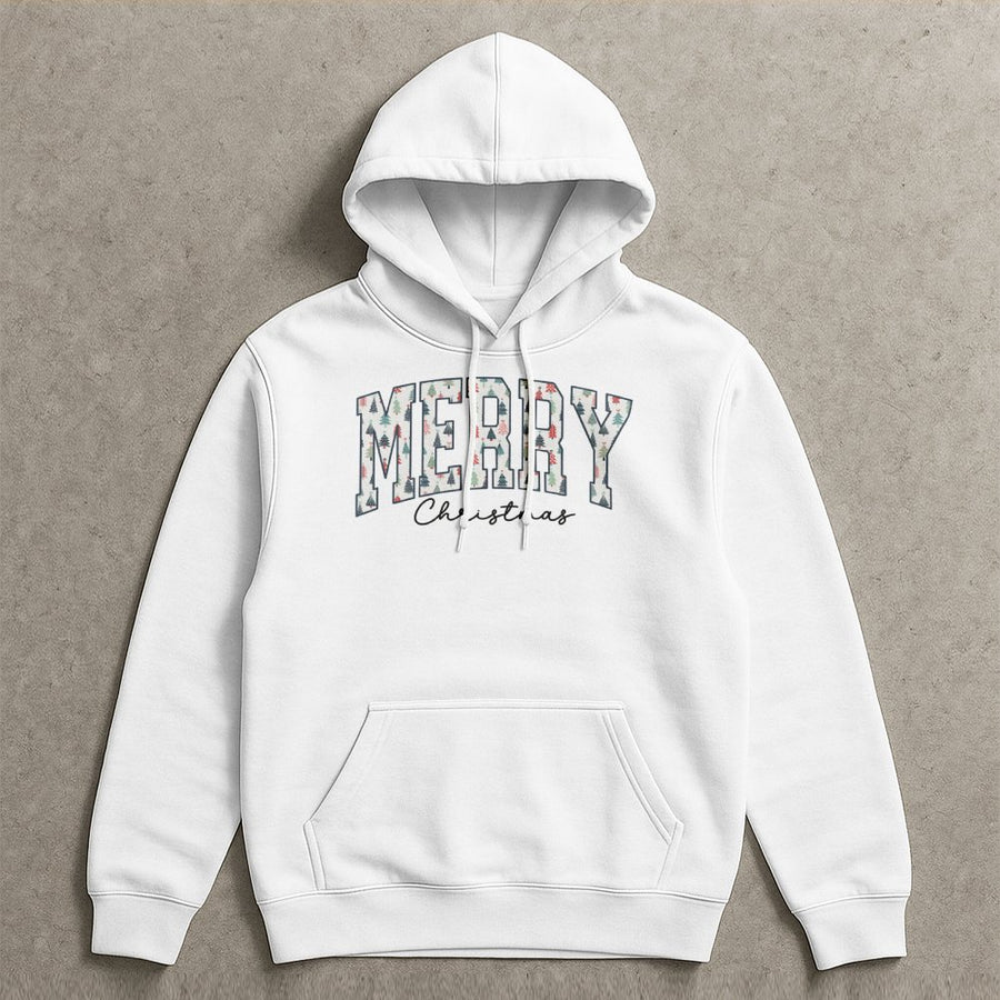 Merry Christmas Hoodie | Festive Pine Tree Graphic Sweatshirt | Premium Cotton Blend | Unisex Holiday Gift for Her & Him