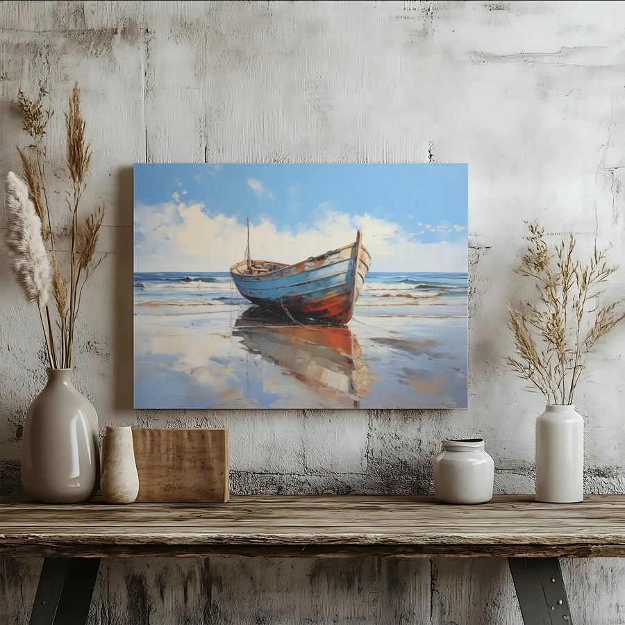 Coastal Boat Canvas Wall Art | Impressionist Seascape Painting Print | Premium Gallery Wrapped Canvas | Beach House Wall Decor Gift