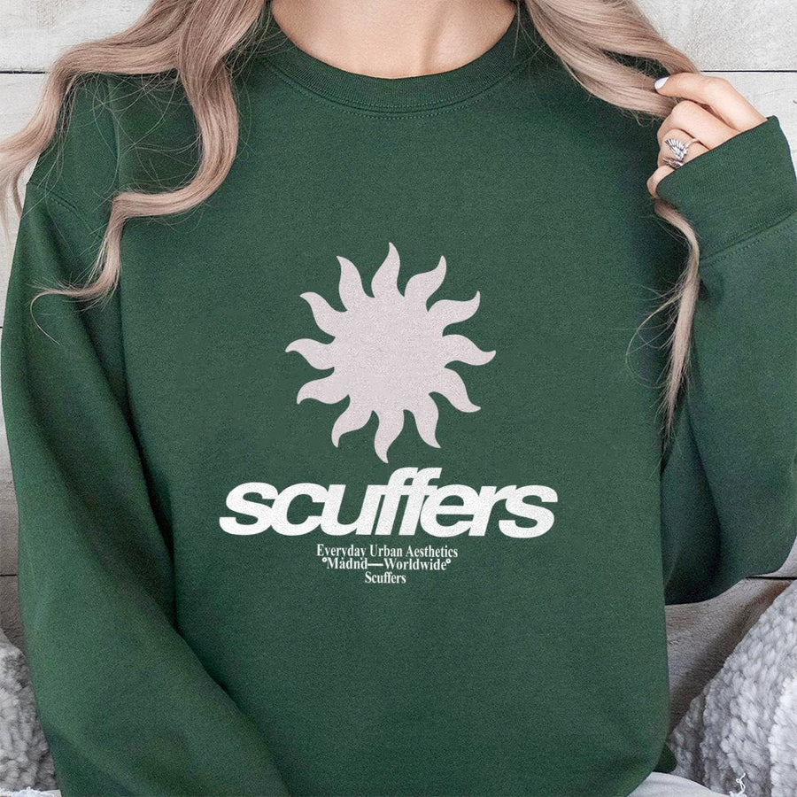 Scuffers Sun Graphic Sweatshirt | Retro Urban Aesthetic Design | Premium Cotton Blend Crewneck | Unisex Streetwear Gift for Men and Women