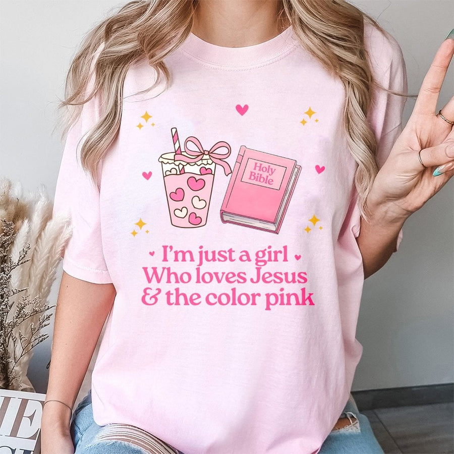 I'm Just A Girl Who Loves Jesus And Pink T-Shirt | Christian Aesthetic Faith Tee | Premium 100% Cotton | Cute Religious Gift For Her
