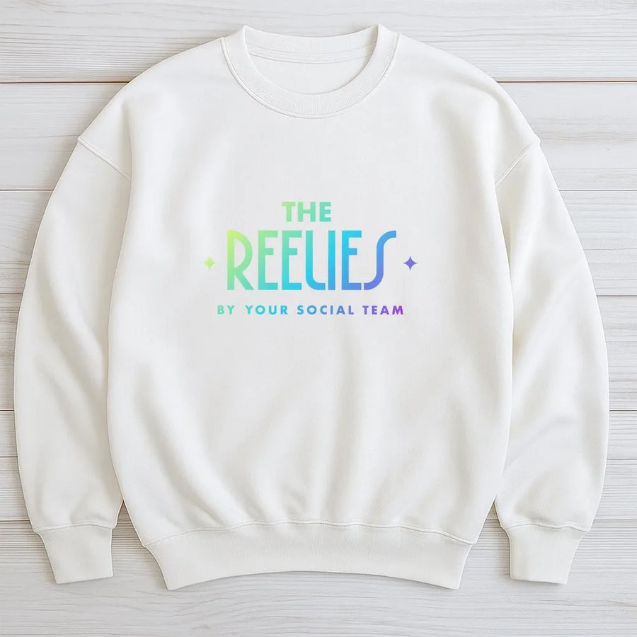 The Reelies Social Media Team Sweatshirt | Gradient Logo Graphic Design | Premium Cotton Blend | Unisex Comfy Casual Apparel Gift for Creators