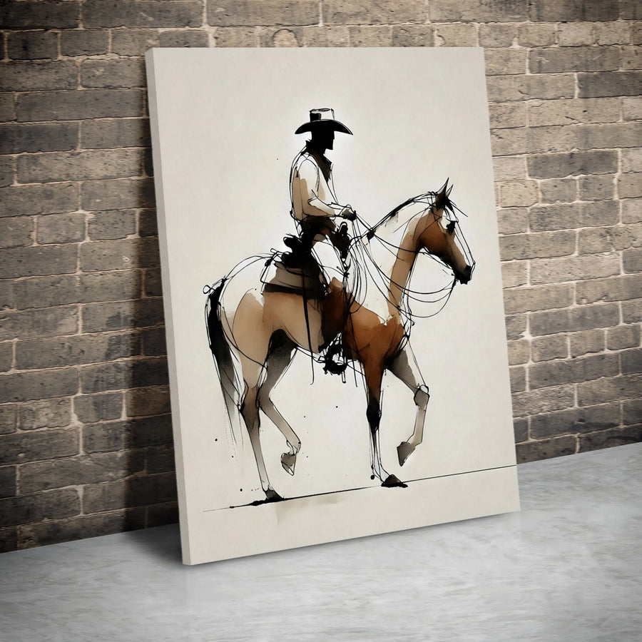 Cowboy Riding Horse Canvas Wall Art | Minimalist Ink Sketch Style | Premium Gallery-Wrapped Print | Western Home Decor Gift for Him