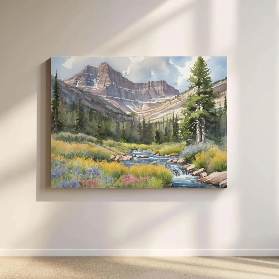 Watercolor Mountain Landscape Canvas | Scenic River and Wildflower Art | Premium 1.25" Gallery Wrap | Nature Home Decor Gift