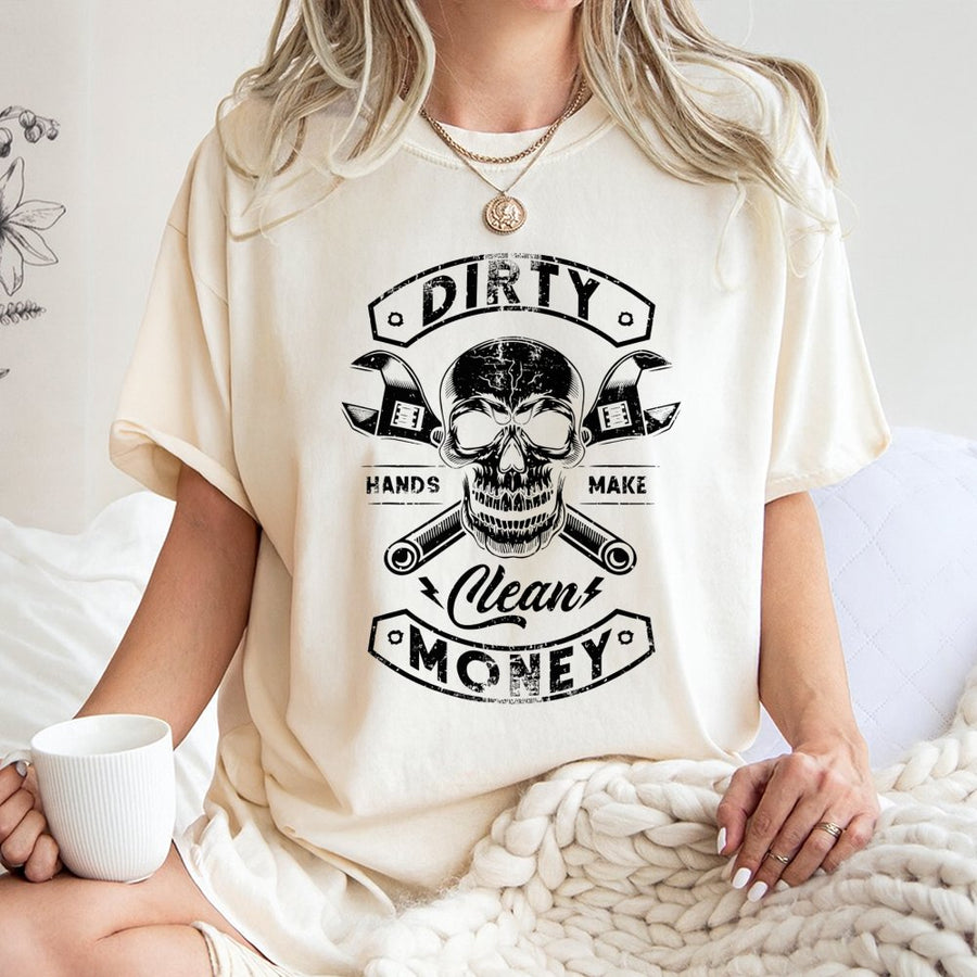 Dirty Hands Make Clean Money T-Shirt | Mechanic Skull Wrench Graphic Tee | 100% Cotton Premium Quality | Gift for Blue Collar Workers & Tradesmen